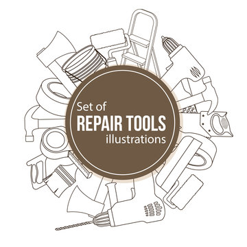 Set of building repair tools, line cartoon illustration of repair tools. Vector