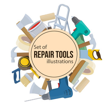 Set of building repair tools, cartoon illustration of repair tools. Vector