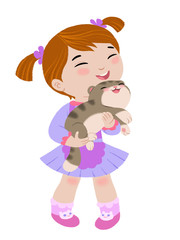 Cute small girl holding her pet cat in her hand