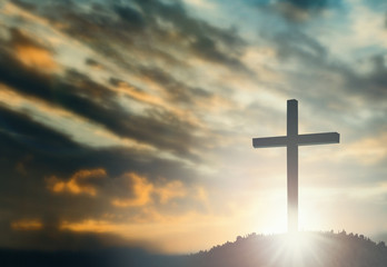 Silhouette of Jesus with Cross over rainbow sunset concept for religion, worship, Christmas, Good...