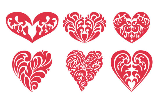 Collection stylized ornate hand drawn heart isolated on white background. Decorative romantic heart set for Valentine day, marriage, ivitation, tattoo, embroidery and other design.