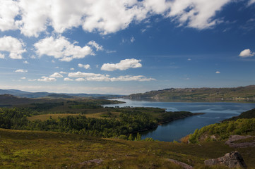 Beatiful and serene landscape of a lake in the Highlands of Scotland, United Kingdom; Concept for travel in Scotland