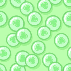 Seamless pattern sliced cucumber on light green background. Kawaii style.