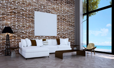 The 3d rendering interior design of modern living room and white brick wall background and wood floor 