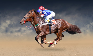 Two racing horses neck to neck in fierce competition for the finish line - obrazy, fototapety, plakaty