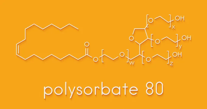 Polysorbate 80 surfactant and emulsifier molecule. Used in food (E433),  cosmetics and medicines. Skeletal formula. Stock Illustration