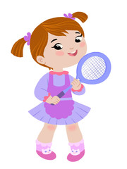 Cute small girl holding racket in her hand