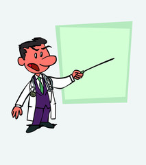 White doctor points out, angry, with a pointer. Is showing, as in a presentation, the data you want.