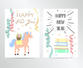 Collection for banners,Placards with ribbon,unicorn,flower and book.Happy new year 2018
