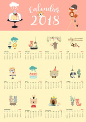 Colorful cute monthly calendar 2018 with fox,bear,cactus,flower,monkey,cake,skunk and tiger.Can be used for web,banner,poster,label and printable