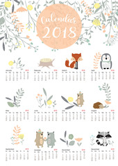 Colorful cute monthly calendar 2018 with wild,fox,bear,skunk,leaf,stump,flower,penguin and porcupine.Can be used for web,banner,poster,label and printable