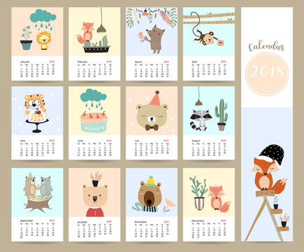 Colorful cute monthly calendar 2018 with fox,bear,cactus,flower,monkey,cake,skunk and tiger.Can be used for web,banner,poster,label and printable