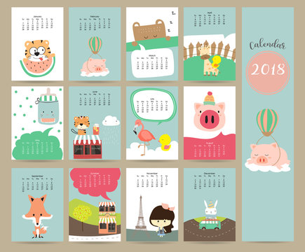 Colorful cute monthly calendar 2018 with fox,bear,tiger,pig,flamingo,duck,girl and giraffe.Can be used for web,banner,poster,label and printable