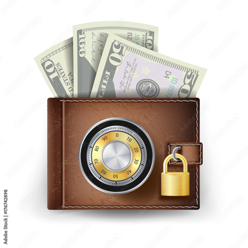Poster classic leather wallet vector. locked with combination code lock. finance secure concept. isolated o