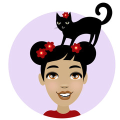 Girl with a black cat on her head