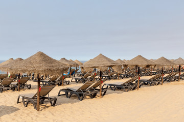 Sun beds and sun umbrellas on beach Rocha Portimao