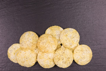 air popped crunchy chickpea potato snack on slate plate