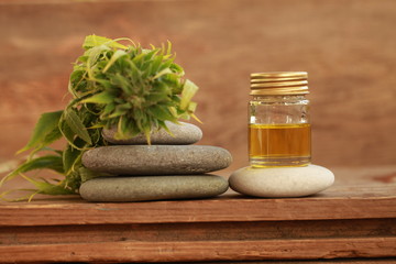 alternative medicine green leaves of medicinal cannabis with extract oil on a wooden table