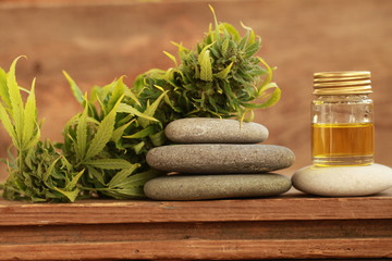 alternative medicine green leaves of medicinal cannabis with extract oil on a wooden table