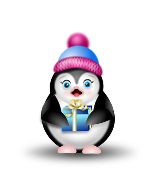 Christmas penguin with gift