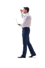 Businessman walking standing side view isolated on white backgro