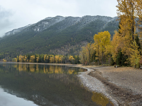 Fall colors on the shoreline of Lake McDonald in Glacier National Park. 