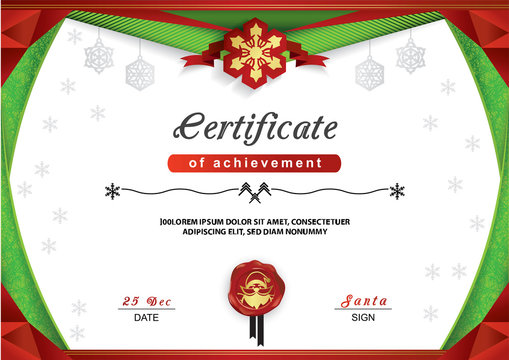 Christmas certificate. Green red border and snowflake emblem on white background, Gold portrait of Santa on the red wafer. Bright Xmas background