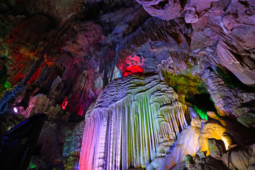 Colour Light Illuminated Cave Landscape, Silver Cave, Guilin, China