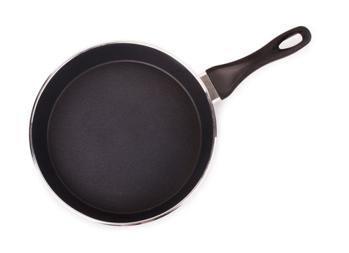 Black frying pan with a handle for cooking