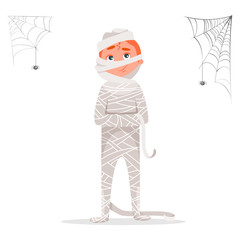 Teenager male dressed in costume of mummy celebrating at Halloween party isolated on a white background