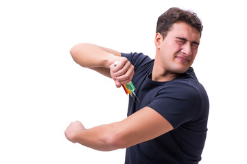 Young man in doping concept isolated on white