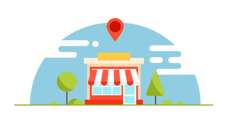 Local business optimization  banner. The shop is profitable. Horizontal background with trees and mountains