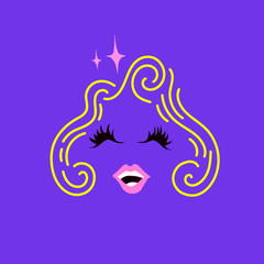 Unicorn style. Conceptual vector for halloween. Girl with pink hair.Pink sensitive lips smiling, black lashes and sparks.Vector girl face for print banner, poster. Purple background