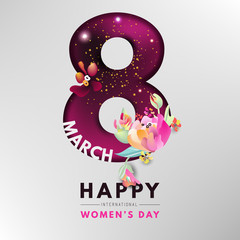 Obraz premium Happy Internation Women's day, modern card, background, banner. Cutted out number 8 with shiny gold glitter and abstract flowers on burgundy color background
