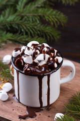 Cup of hot chocolate with marshmallows on a wooden table
