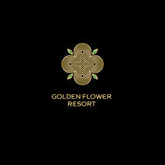 Golden Flower Resort logo. Jewelry emblem. Golden flower and green gems like leaves.