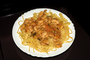Pasta with chicken. Fitness diet.
