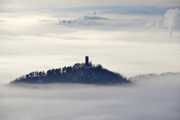 Lombardy, Lake Como; Brunate, fog covering Como