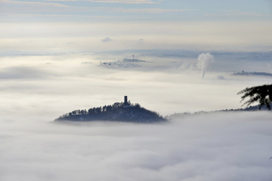 Lombardy, Lake Como; Brunate, fog covering Como
