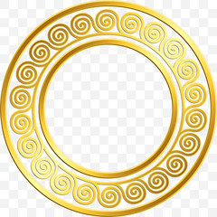 Round frame with traditional vintage Golden Greek ornament, Meander pattern on transparent background. Gold pattern for decorative tiles