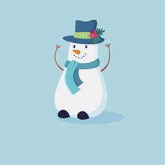 Cute snowman in red hat and scarf.