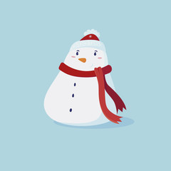 Cute snowman in red hat and scarf.