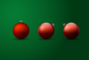 Set of red Christmas balls on green background. Vector illustration