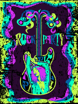 Rock festival, rock concert or rock party poster design. Handmade drawing vector illustration. Vintage style. Pop art with psychedelic and grunge elements.