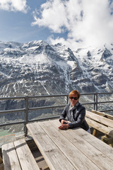 Fototapeta premium Woman in Kaiser Franz Joseph glacier. Grossglockner, Alps, Austria.