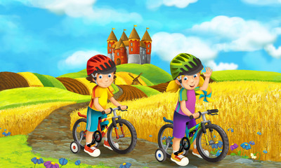 cartoon scene with group of children on a trip near the castle - illustration for children