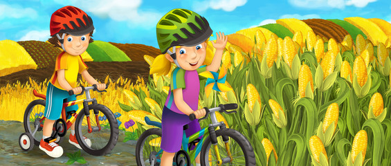 Cartoon scene with young girl and boy on a bicycle near the farm field - illustration for children