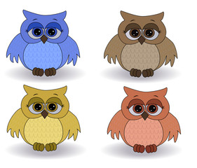 A set of four sad multicolored owls with surprised eyes and spread out wings, with a pattern on the sternum and wings
