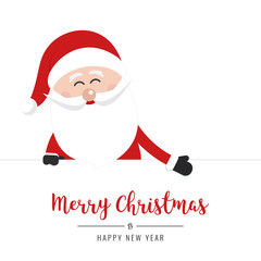 santa claus behind banner showing christmas gretting white background