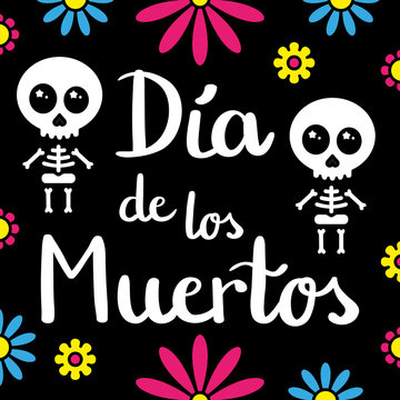 Dia de los muertos handwriting card with skeletons and flowers, black background